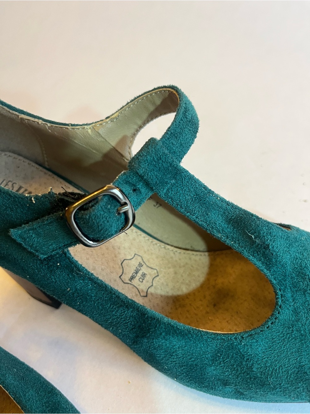 Teal Suede T-Strap Block Heel Pumps - Picture 3 of 7